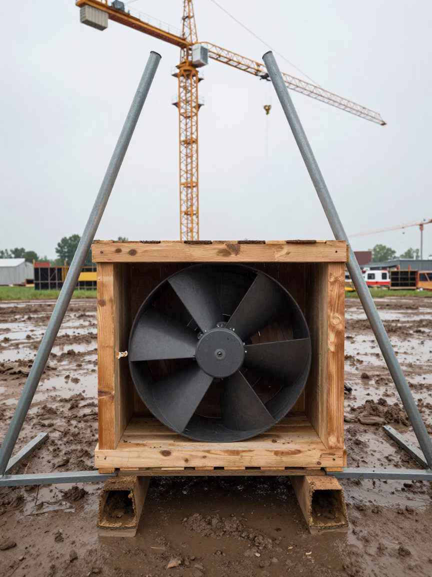 Duct Test Fan Crate Under Crane in Kansas Rain in beneath a tower crane on open ground in Kansas