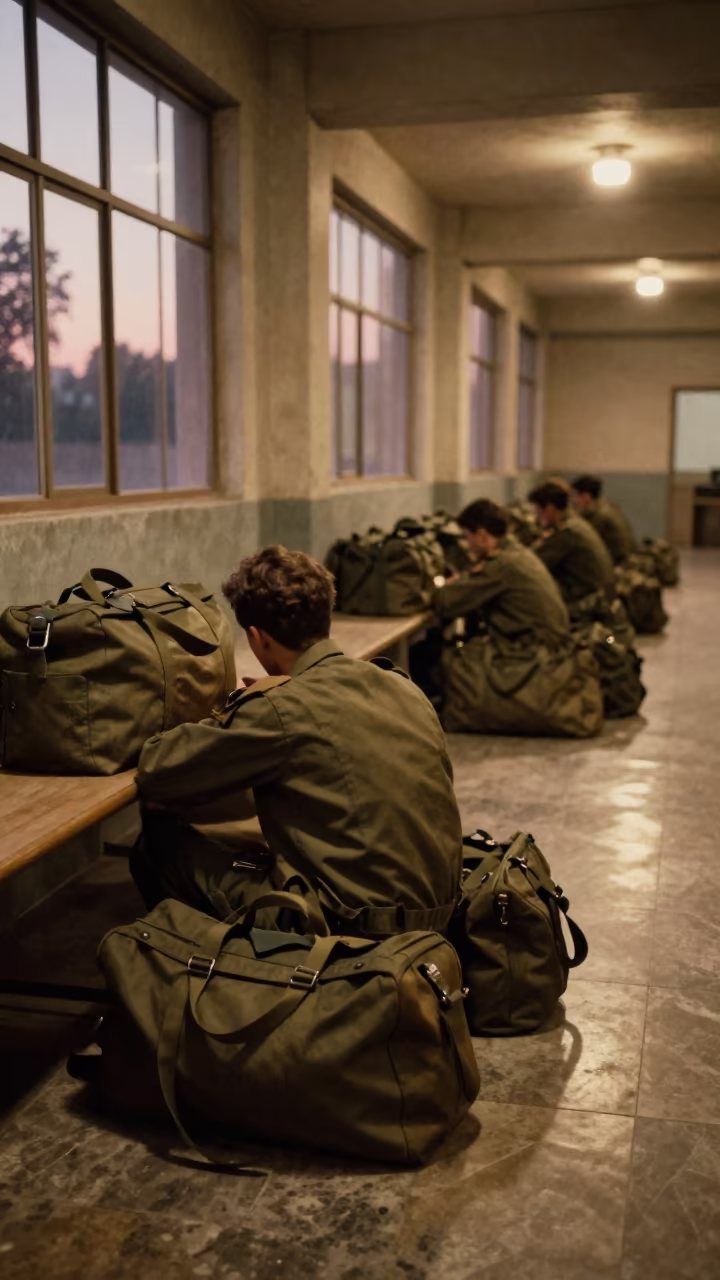 Duffel Stacks in Mess Hall Bunker Twilight in in a mess hall before service in Rajasthan