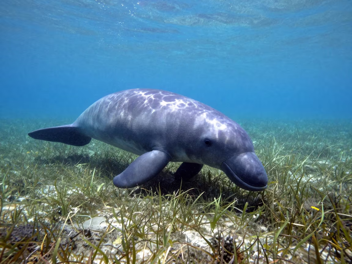Dugong Grazing Seagrass in California Coastal Waters in along a seagrass channel near the coast in California