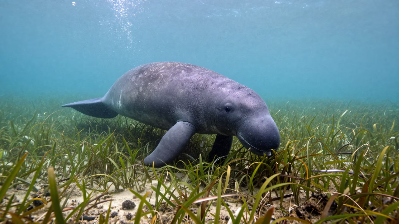 Dugong Grazing Seagrass in Hokkaido Spring in along a seagrass channel near the coast in Hokkaido