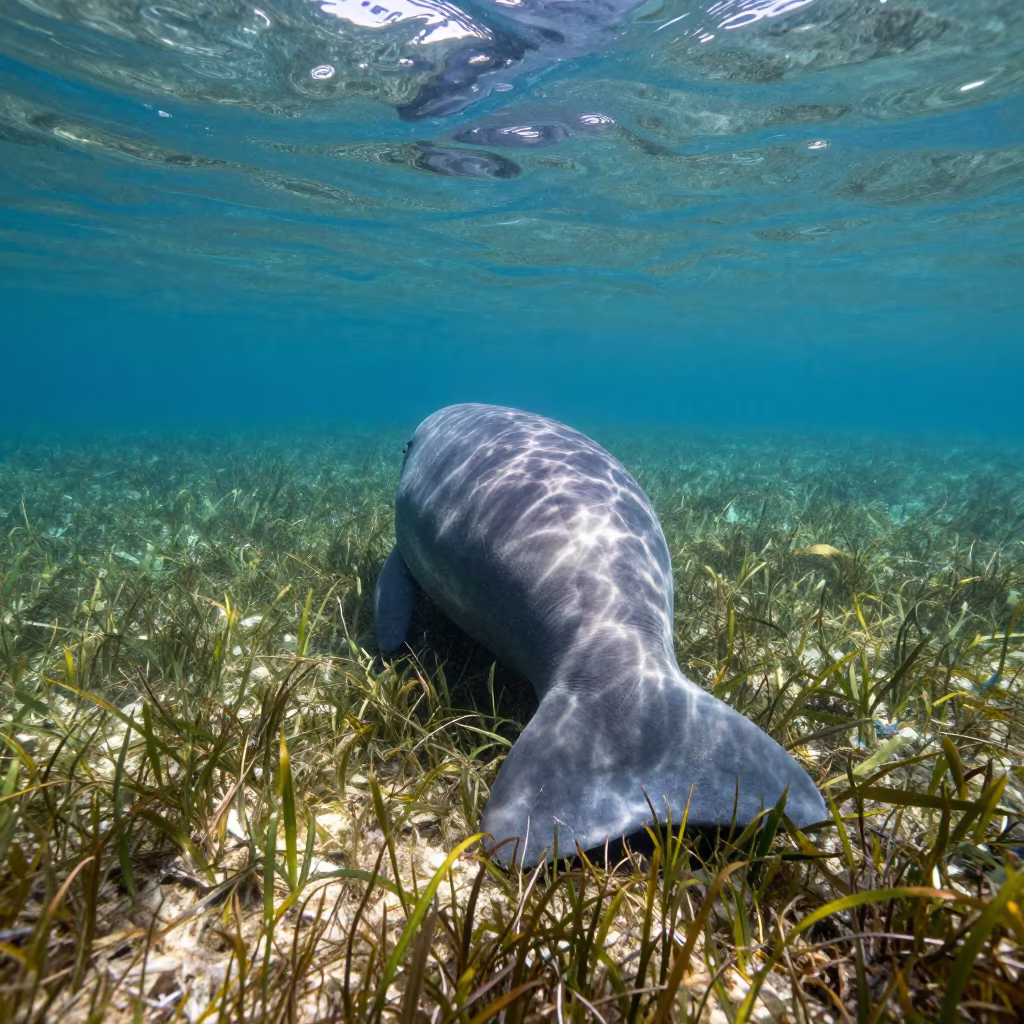 Dugong Grazing Seagrass Marseille Coastal Waters in along a seagrass channel near the coast near Marseille