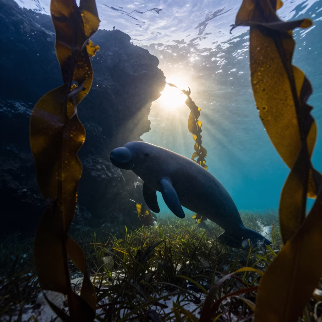 Dugong Silhouette Stirring Sand at Dawn in through kelp fronds beside a rocky shelf near Salvador