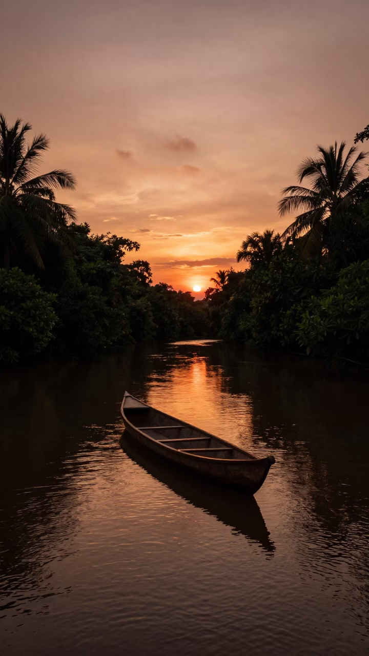 Dugout Canoe in Phuket at Copper-toned Light Before Dusk in in Phuket, Thailand