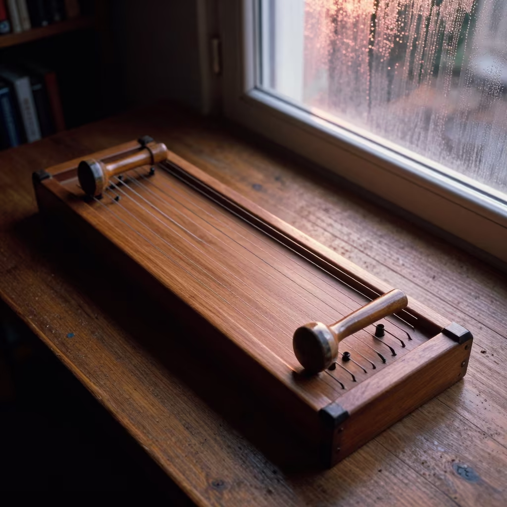 Dulcimer with Hammers on Dusty Library Table in on a dusty library table near London