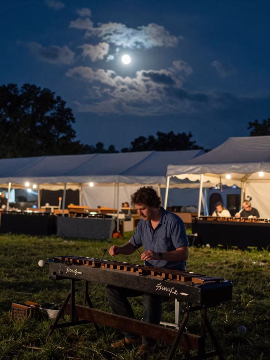 Dulcimer Player Under Moonlight at Cincinnati Night Market in at a night market near Cincinnati