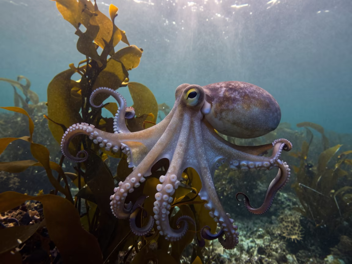Dumbo Octopus Finning in Sicilian Kelp in along a kelp-fringed shelf in Sicily