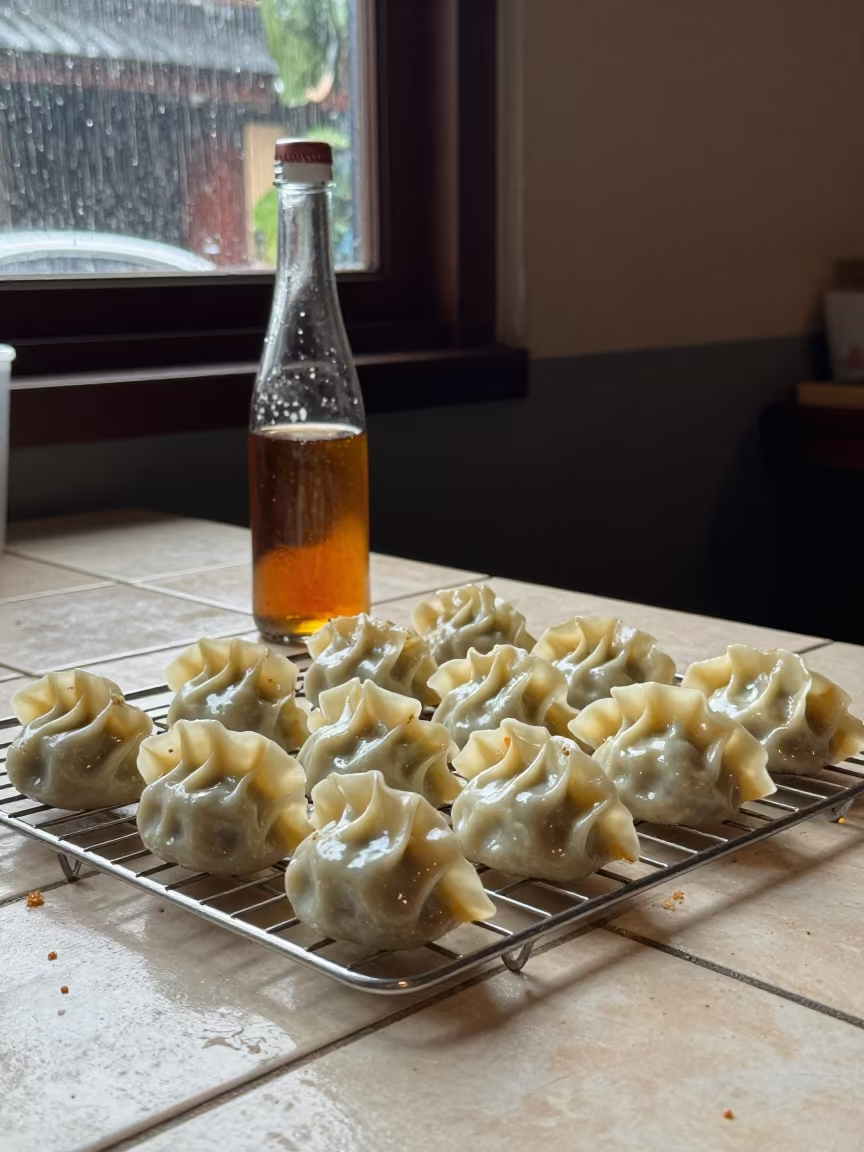 Steaming dumplings amber wine tile counter Surabaya night in on a bakery cooling rack in Surabaya