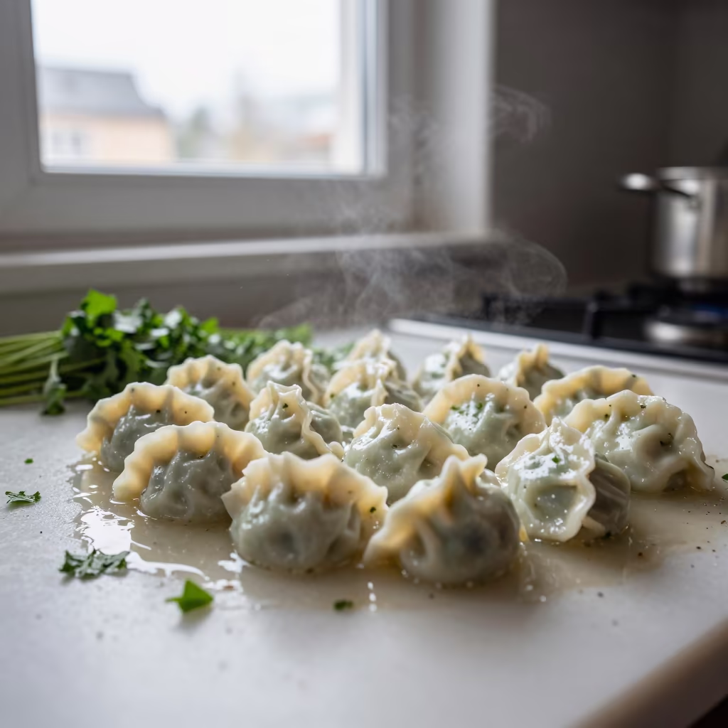 Dumplings in Broth and Torn Herbs in Window Light in on a kitchen worktop in Netanya