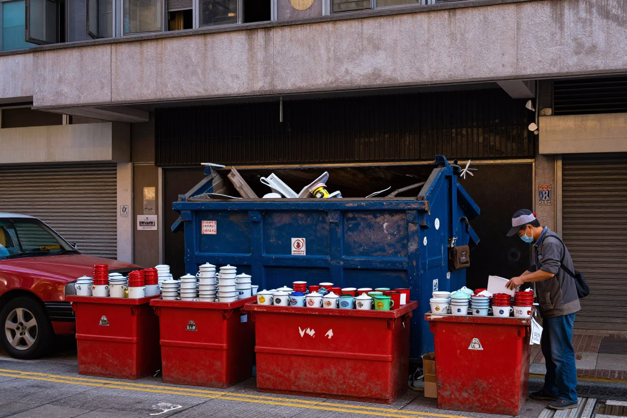 Dumpster Scene in Hong Kong at Twilight in in Hong Kong, Hong Kong