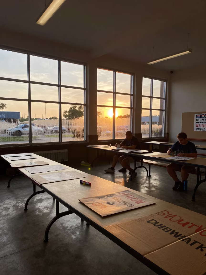 Dundee Protest Sign Workshop Sunset Light in in a community center hall in Dundee
