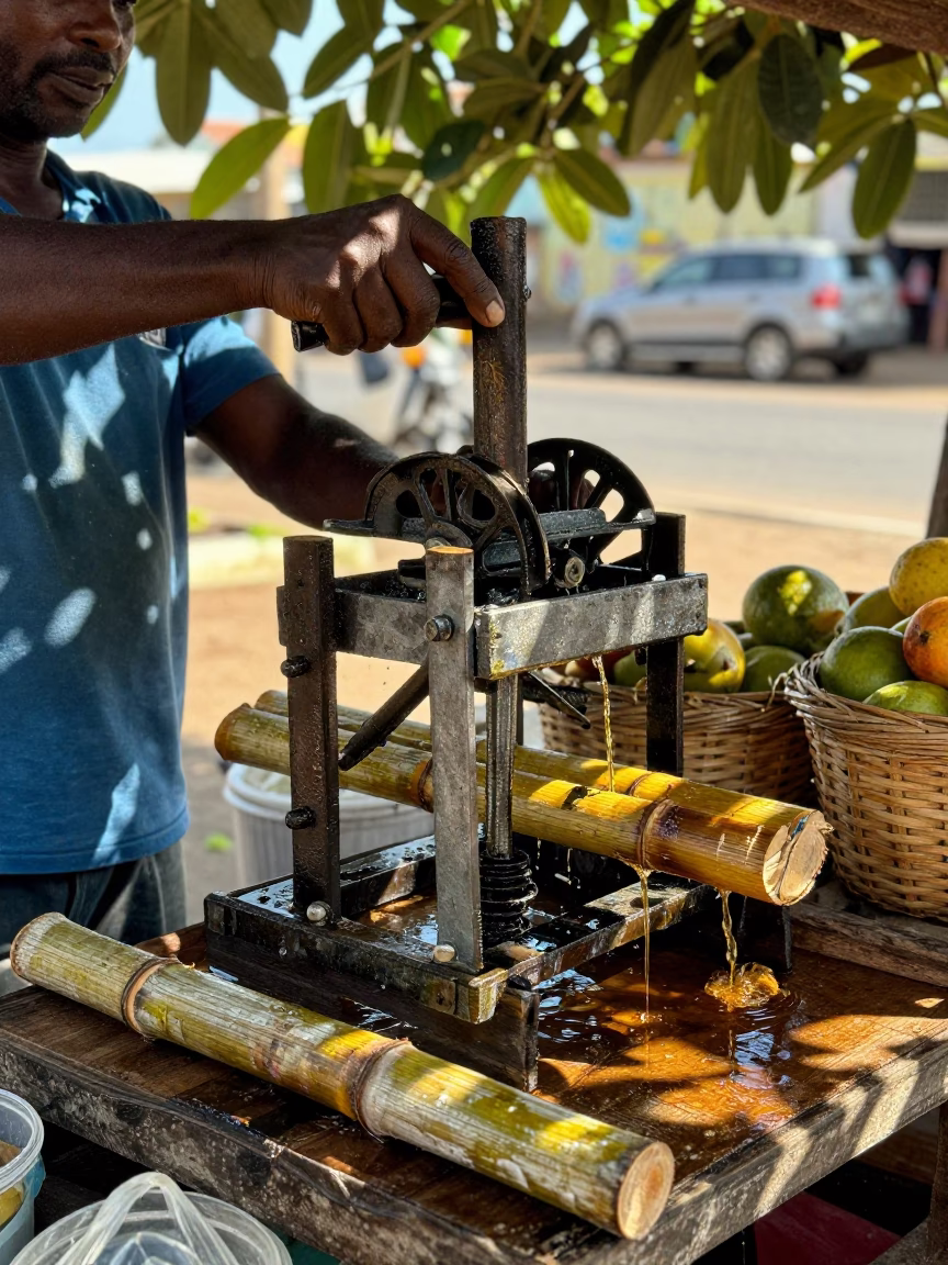 Dundo Hawker Cranks Sugarcane Juice Press in at a roadside fruit stand in Dundo