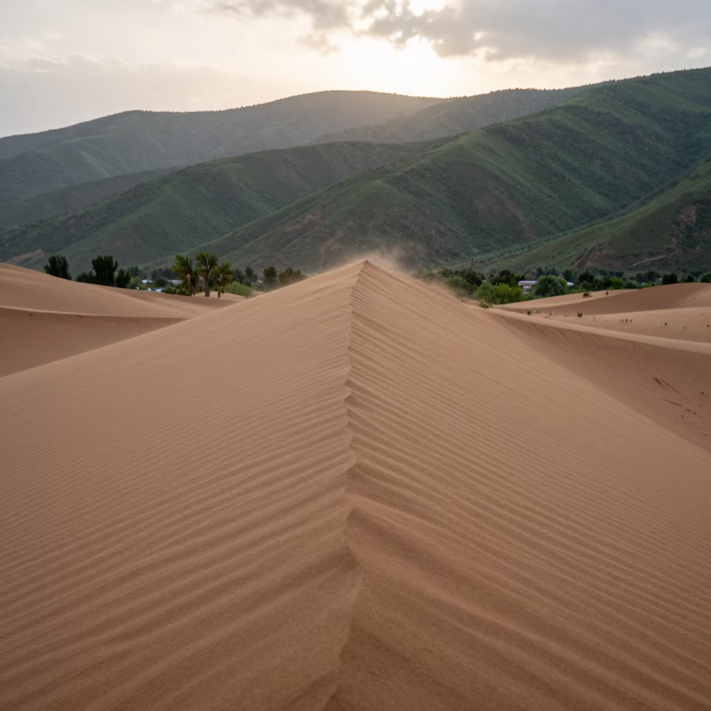 Dune Crest at Dawn Over Sikkim Foothills in from a ridge above layered foothills in Sikkim