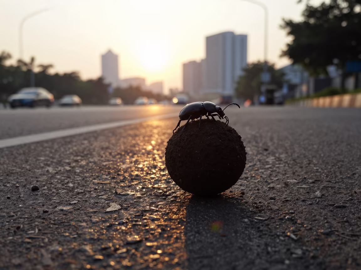 Dung Beetle Rolling Sphere at Jakarta Dawn in near Blok M, Jakarta