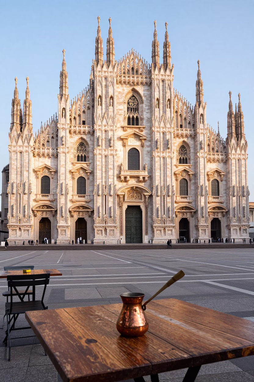 Duomo Facade in Milan at As First Light Reaches The Scene in in Milan, Italy
