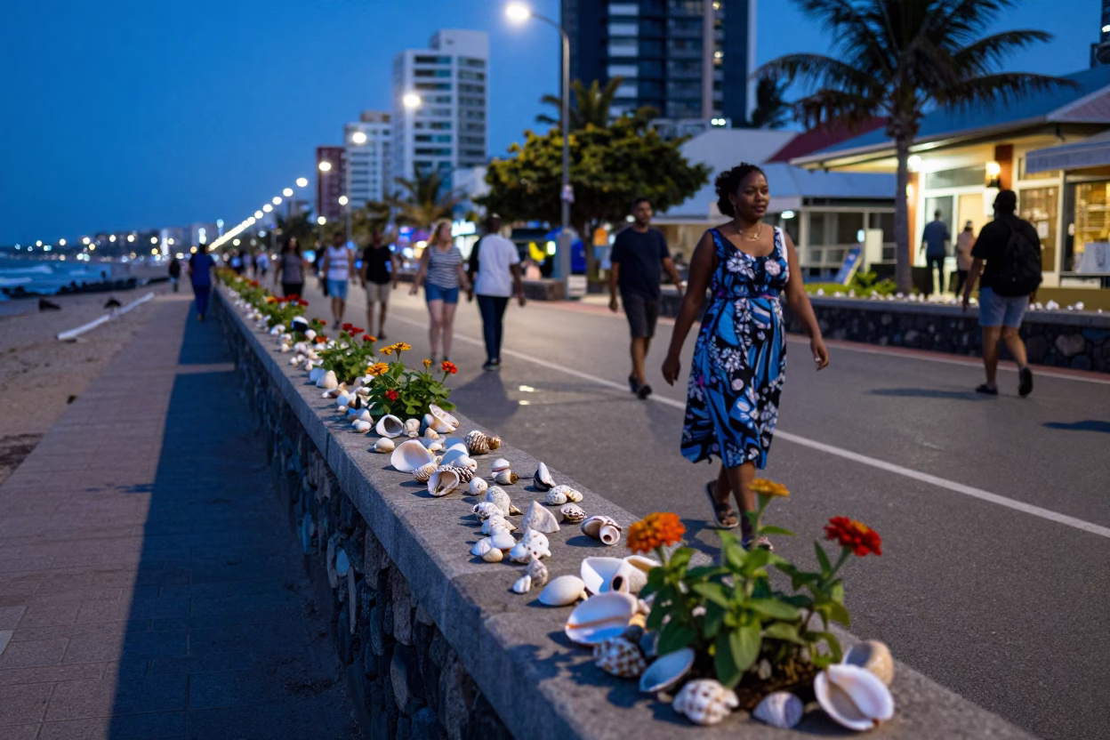 Durban Beachfront Evening Stroll with Seashells and Zinnias in Blue Light in in Durban, South Africa