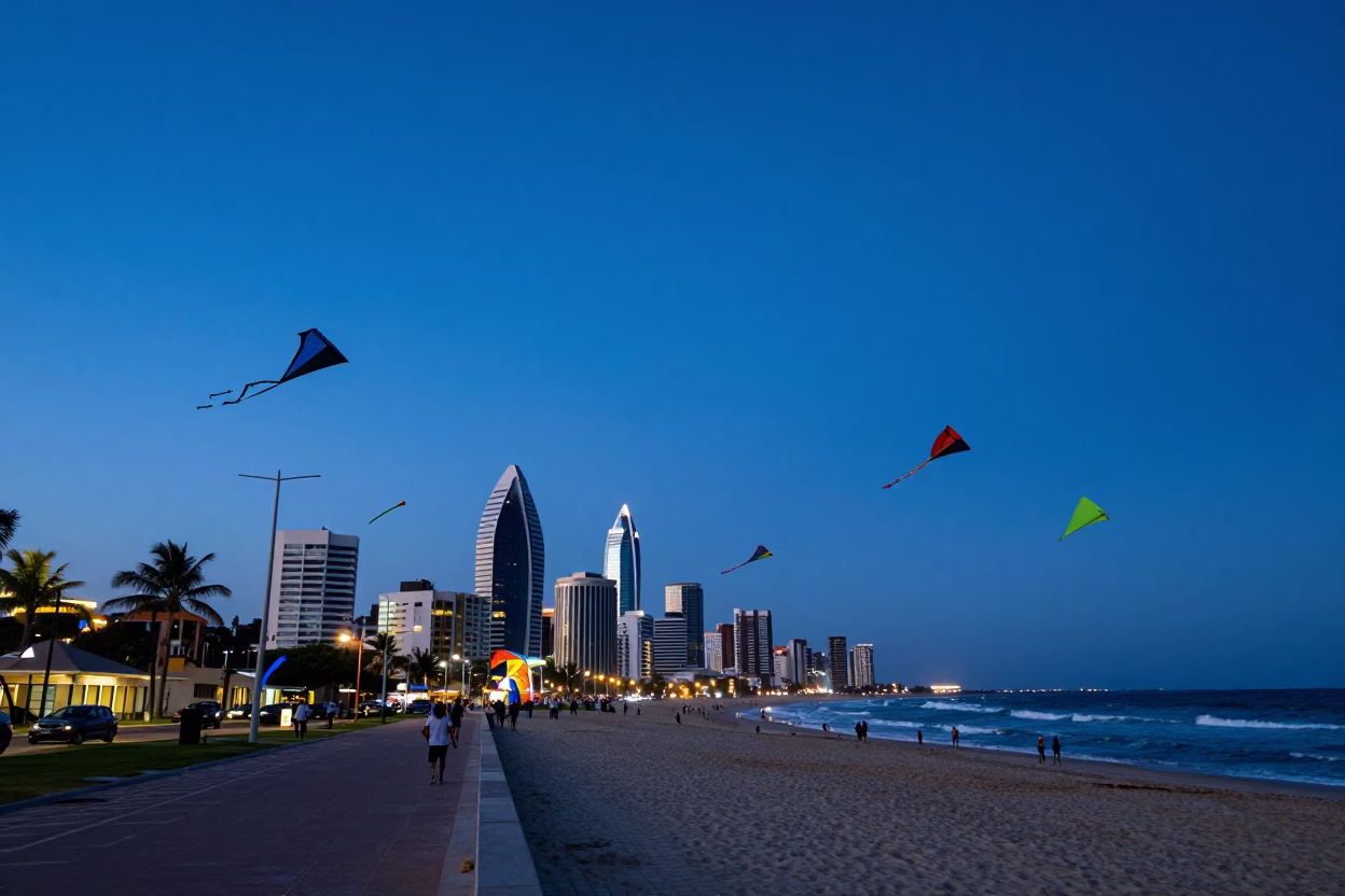 Durban Beachfront Evening with Colorful Kites and Coastal Architecture in in Durban, South Africa