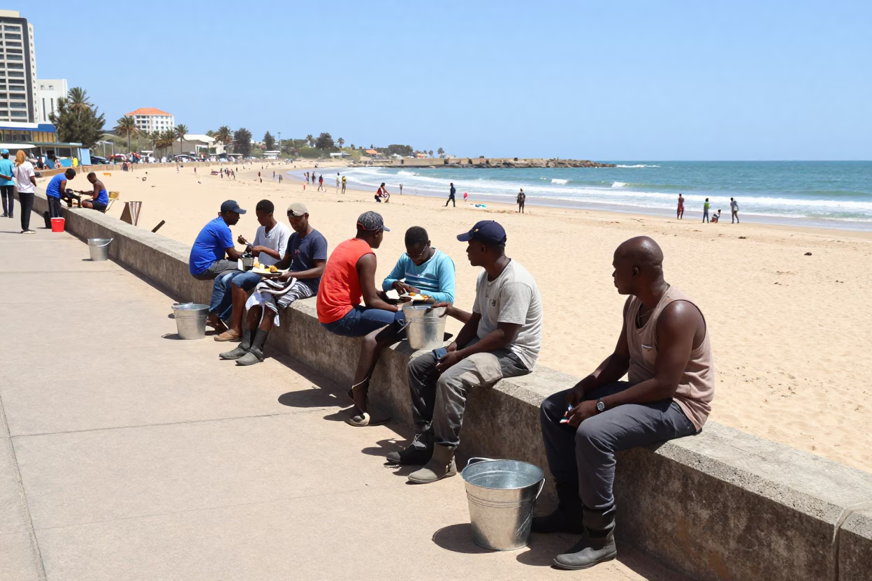 Durban Beachfront Lunch Break with Metal Bucket and Boot Scraper at Noon in in Durban, South Africa