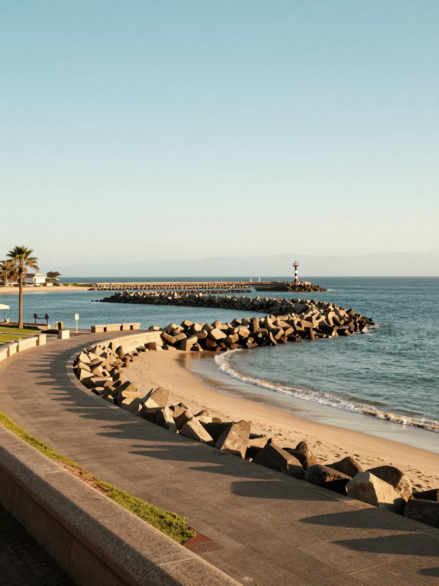 Durban Beachfront Promenade and Breakwater Curve in Clear Late Afternoon Light in in Durban, South Africa