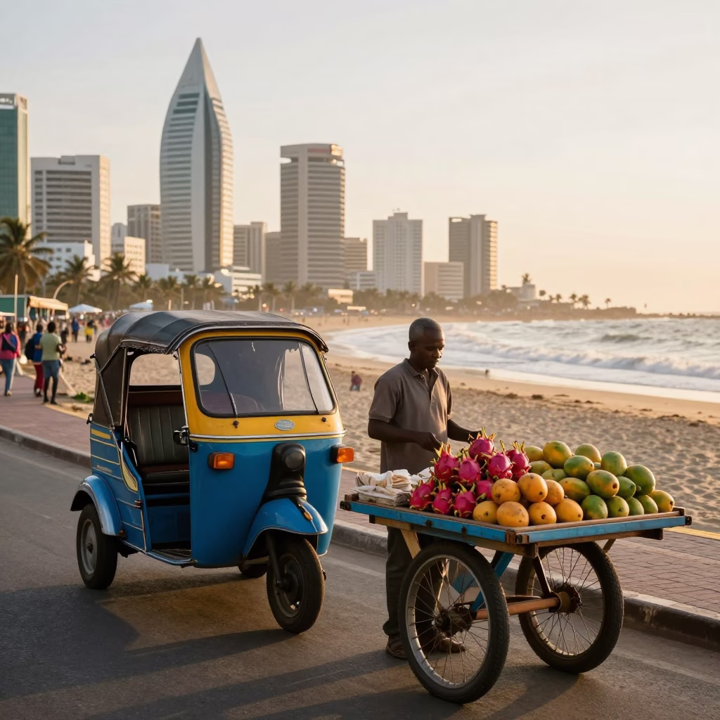 Durban Beachfront Sunrise Street Scene with Trishaw and Market Vendor in in Durban, South Africa