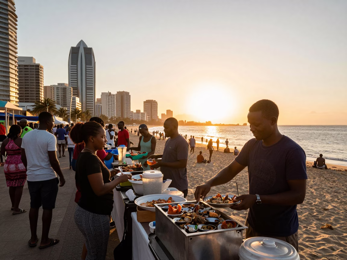 Durban Beachfront Sunset Crowd Enjoying Street Food and Local Culture in in Durban, South Africa