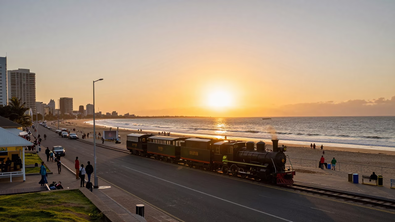 Durban Beachfront Sunset Street Scene with Heritage Steam Locomotive and Urban Activity in in Durban, South Africa