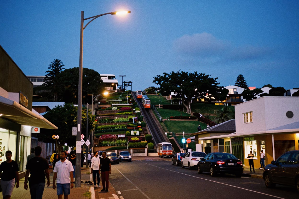 Durban Blue Hour Street Scene with Funicular and Local Life in in Durban, South Africa