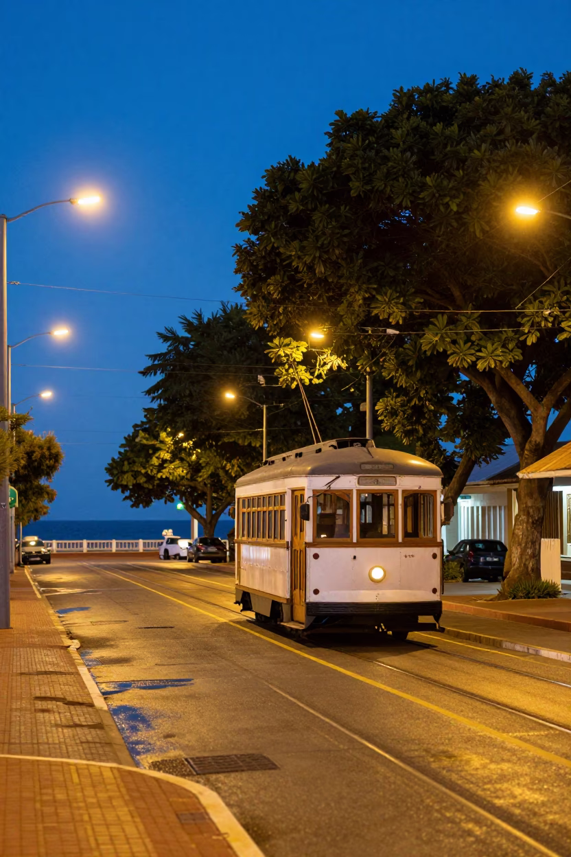 Durban Blue Hour Street Scene with Vintage Trolley and Coastal Architecture in in Durban, South Africa