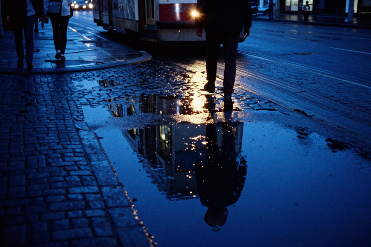 Durban Blue Hour Tram Reflection on Wet Cobblestones with Pedestrian Footsteps in in Durban, South Africa
