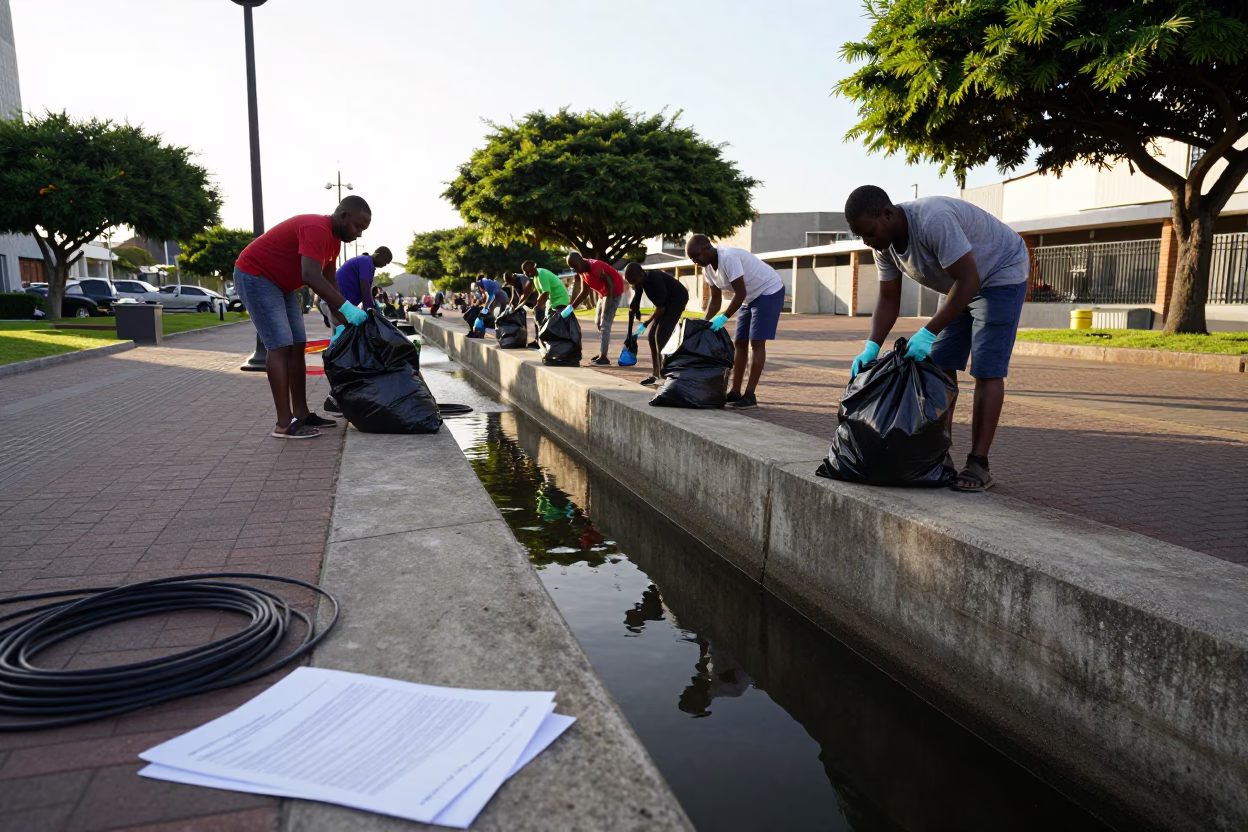 Durban Crew Bags Trash Canal Side in in a public square in Durban