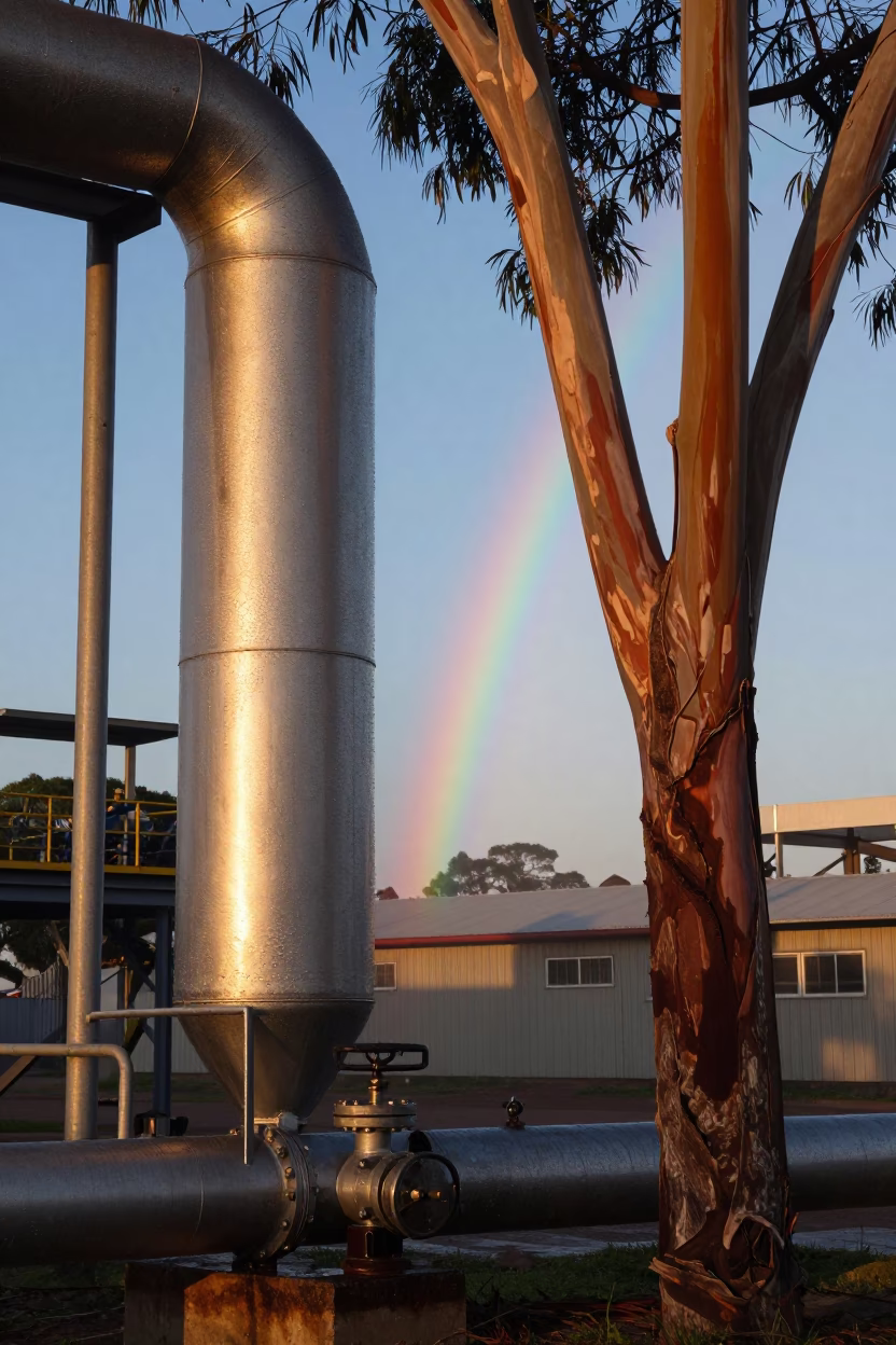 Durban Dawn Pipeline Condensation and Rainbow Eucalyptus Bark Before Sunrise in in Durban, South Africa