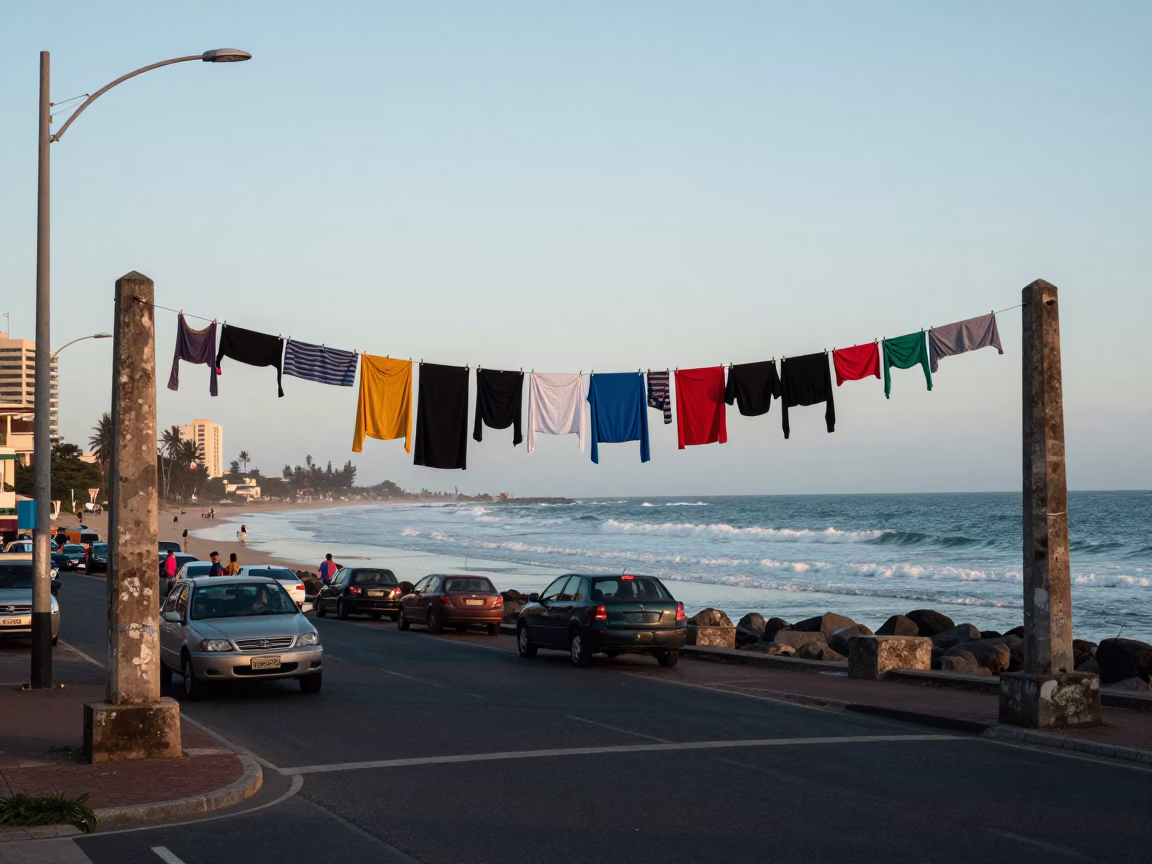 Durban Dawn Street Scene with Colorful Laundry and Coastal Architecture in in Durban, South Africa
