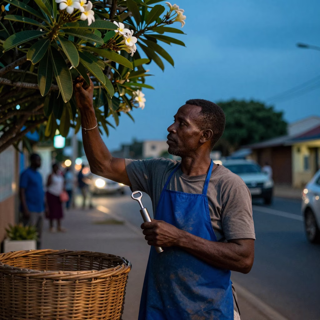 Durban Evening Street Scene with Frangipani Bloom and Wicker Shadow in in Durban, South Africa