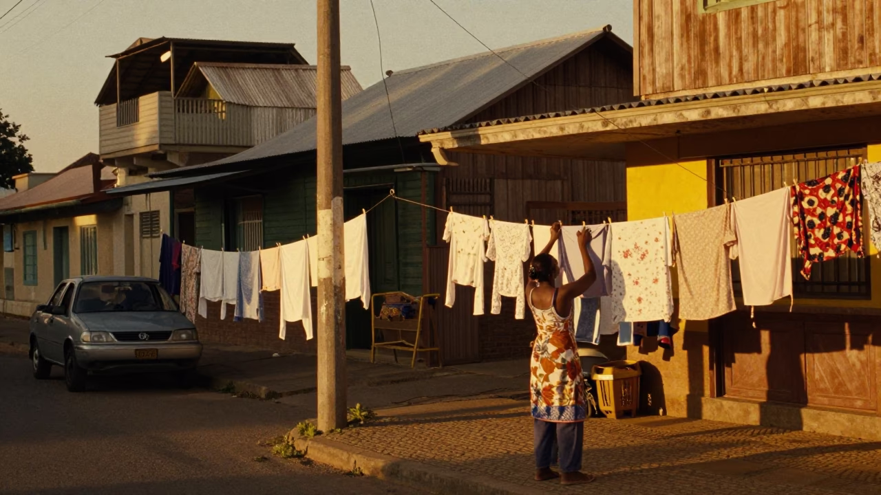 Durban evening street scene with laundry hanging and woven basket fibers in in Durban, South Africa