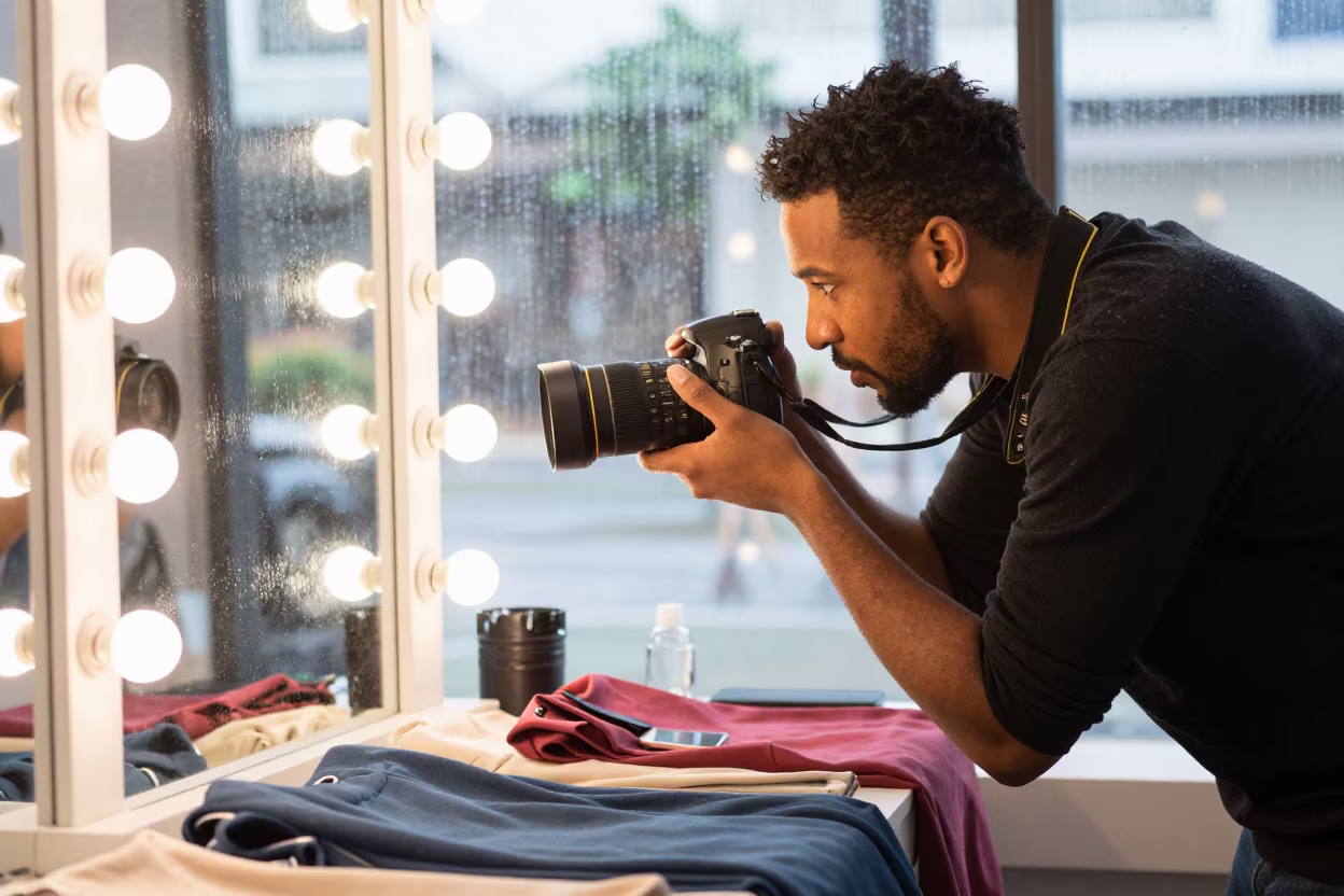 Durban Fashion Pit Mirror Winter Rain Light in beside a mirror lined with makeup bulbs in Durban