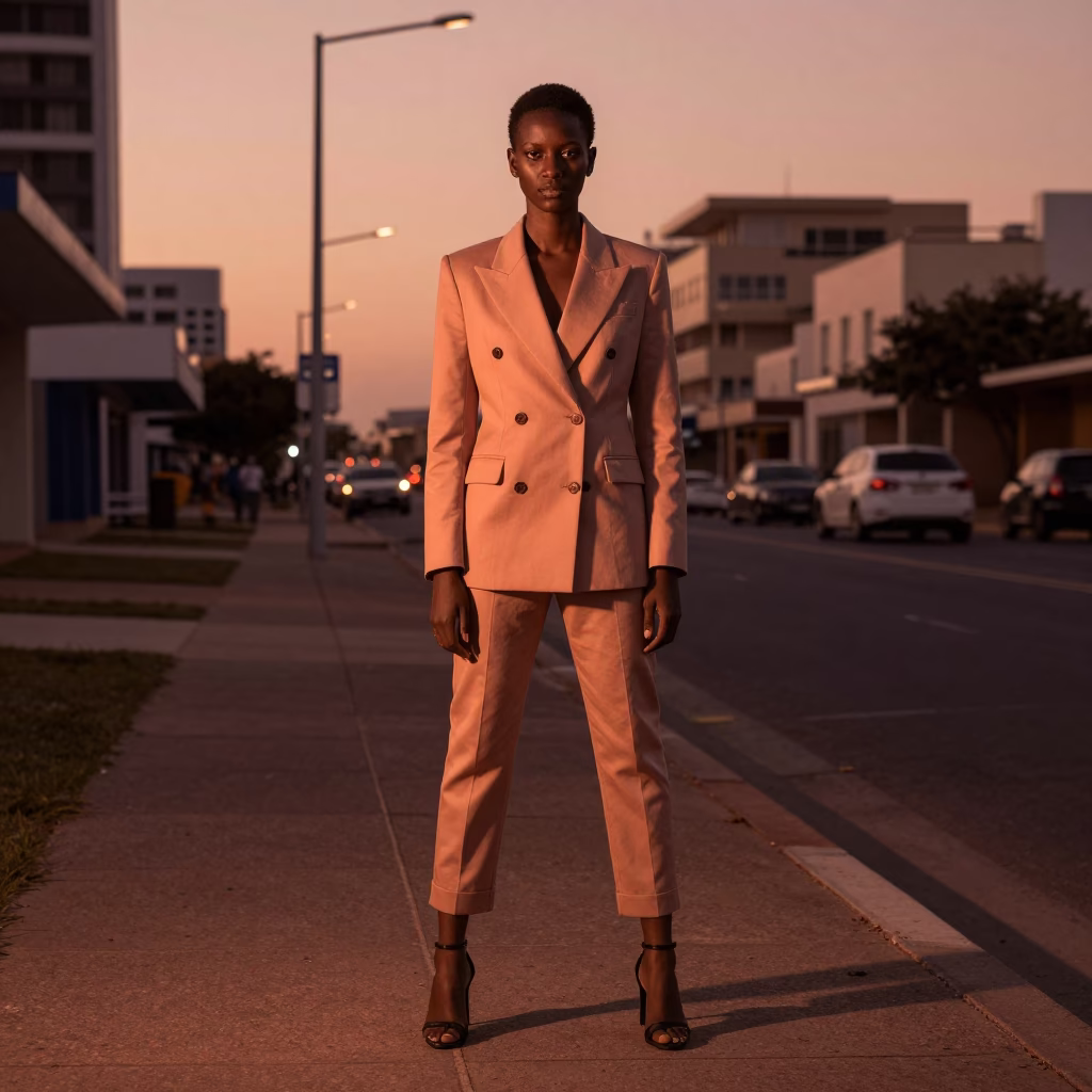 Durban Fashion Portrait at Copper-toned Light Before Dusk in in Durban, South Africa