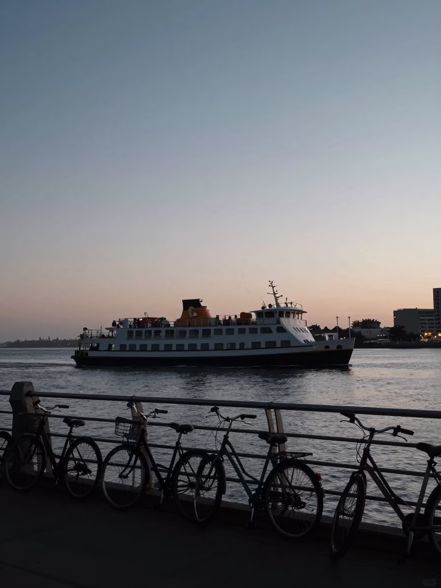 Durban Ferry Dock Before Sunrise with Bicycles and Calm Water Reflections in in Durban, South Africa