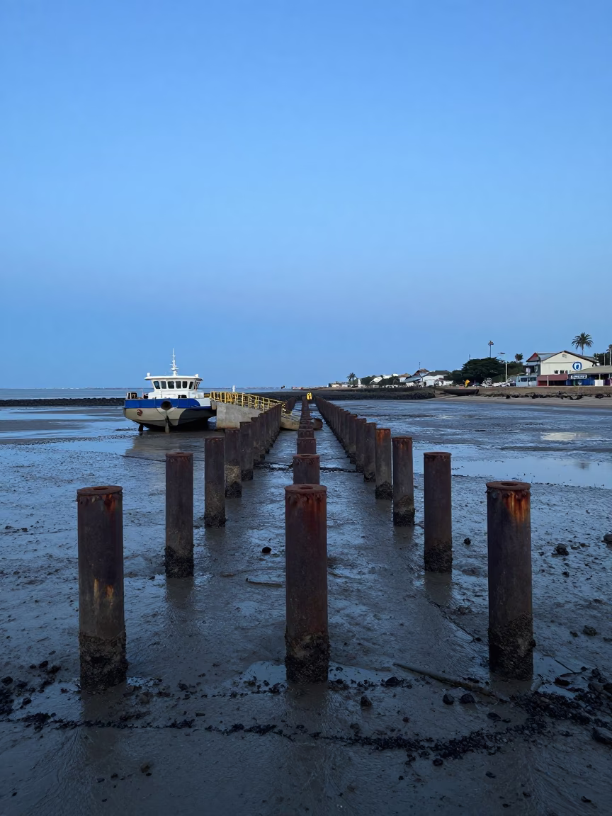 Durban Ferry Ramp Piling System at Low Tide During Evening Blue Light in in Durban, South Africa