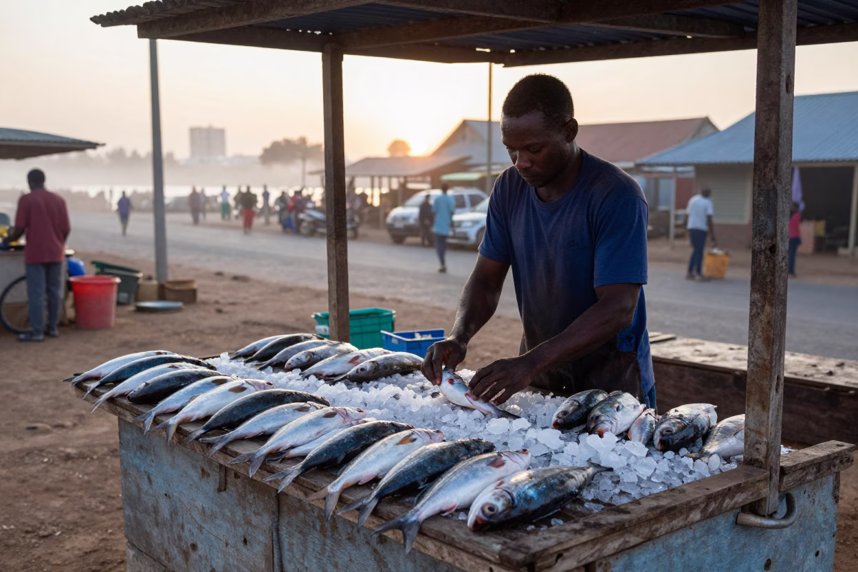 Durban Fishmonger Arranging Fresh Catch on Ice at First Light Dawn Street Scene in in Durban, South Africa