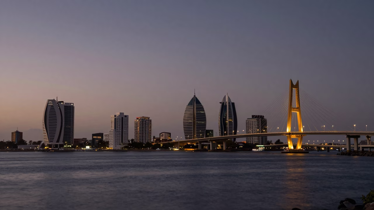 Durban Golden Bridge Horizon Shot Before Dawn with Harbor Details in in Durban, South Africa