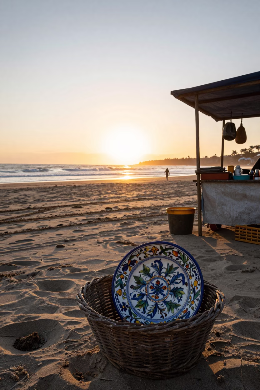 Durban Golden Hour Beach Scene with Vintage Majolica Plate and Local Market Activity in in Durban, South Africa