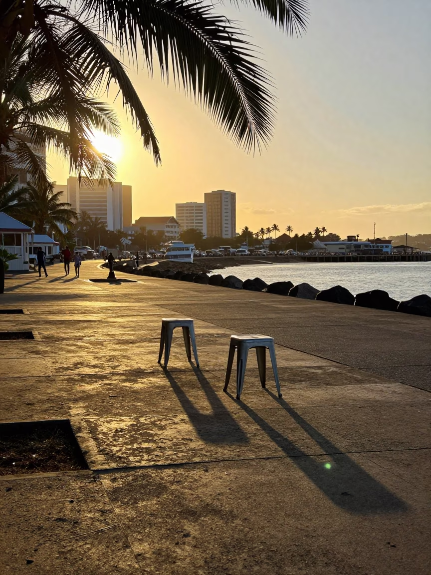 Durban Golden Hour Harbor Scene with Metal Stools and Local Street Life in in Durban, South Africa