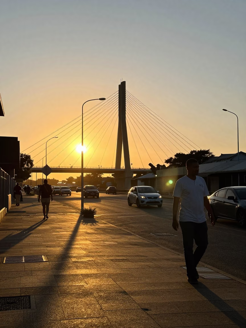 Durban Golden Hour Street Scene with Cable-Stayed Bridge Over Harbor in in Durban, South Africa