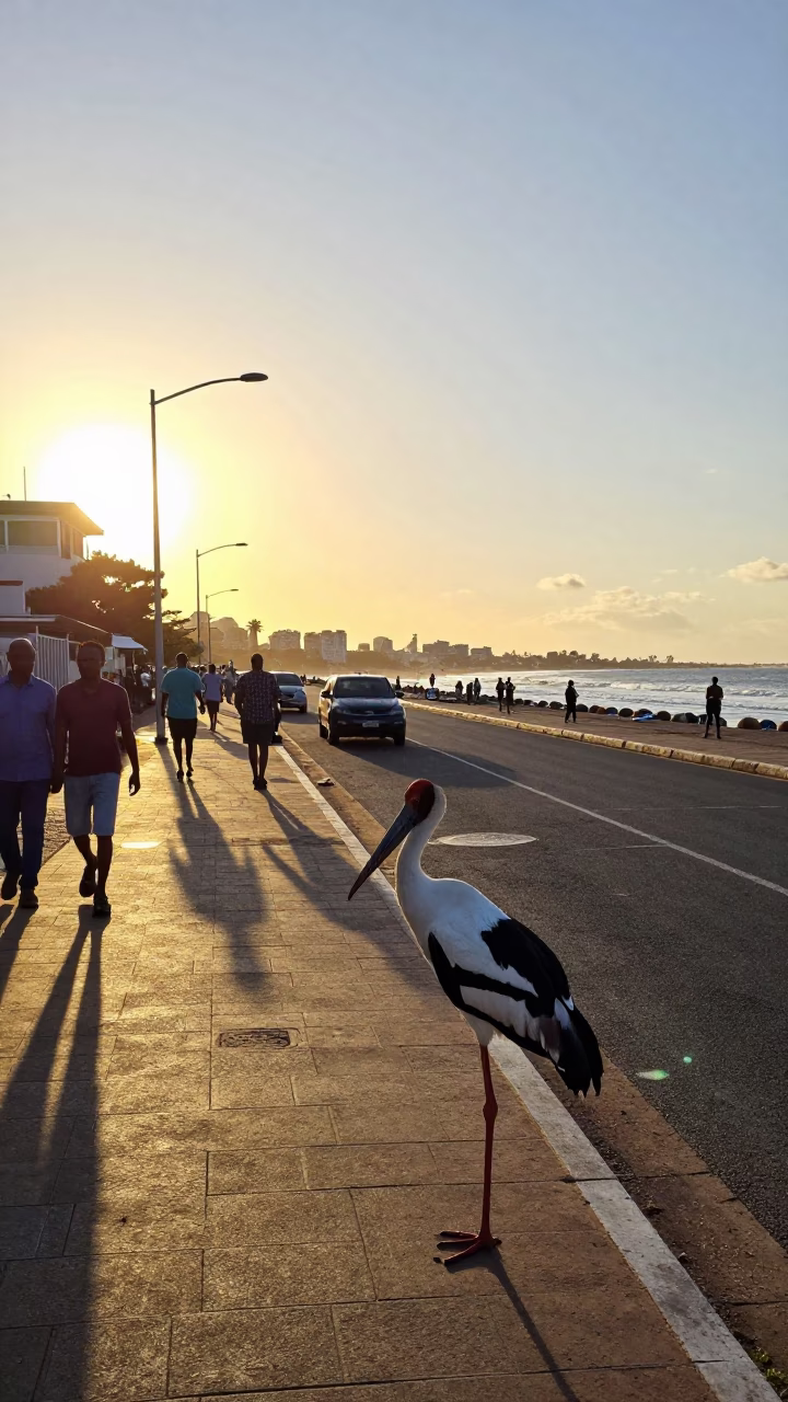 Durban Golden Hour Street Scene with Saddle-billed Stork and Coastal Activity in in Durban, South Africa