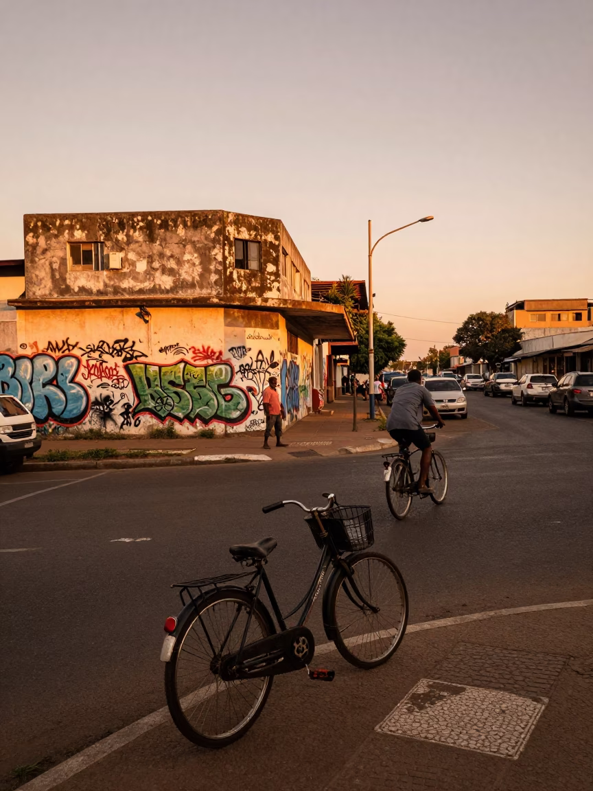 Durban Golden Hour Street Scene with Vintage Bicycle and Coastal Traffic in in Durban, South Africa