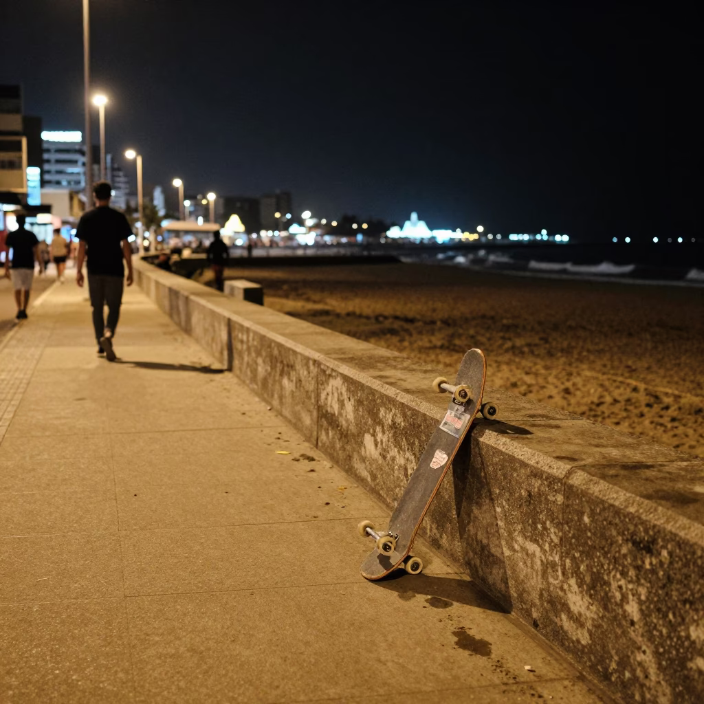 Durban Golden Mile Night Street Scene with Skateboarder and Ocean View in in Durban, South Africa