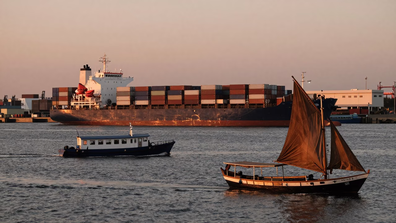 Durban Harbor at Dusk with Dhow Sailing Container Ship and Copper Light in in Durban, South Africa