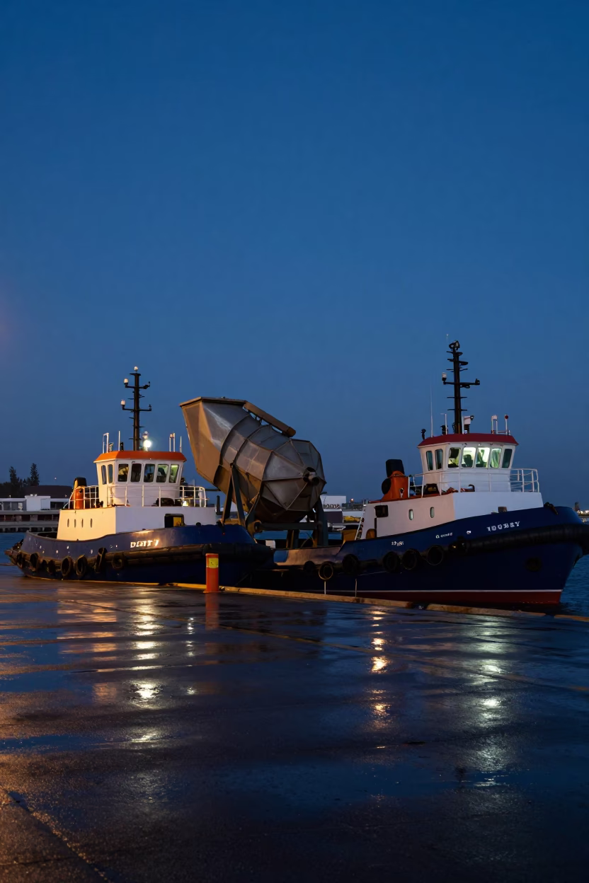 Durban Harbor Blue Hour Cement Mixer and Tugboat Fleet at Night in in Durban, South Africa