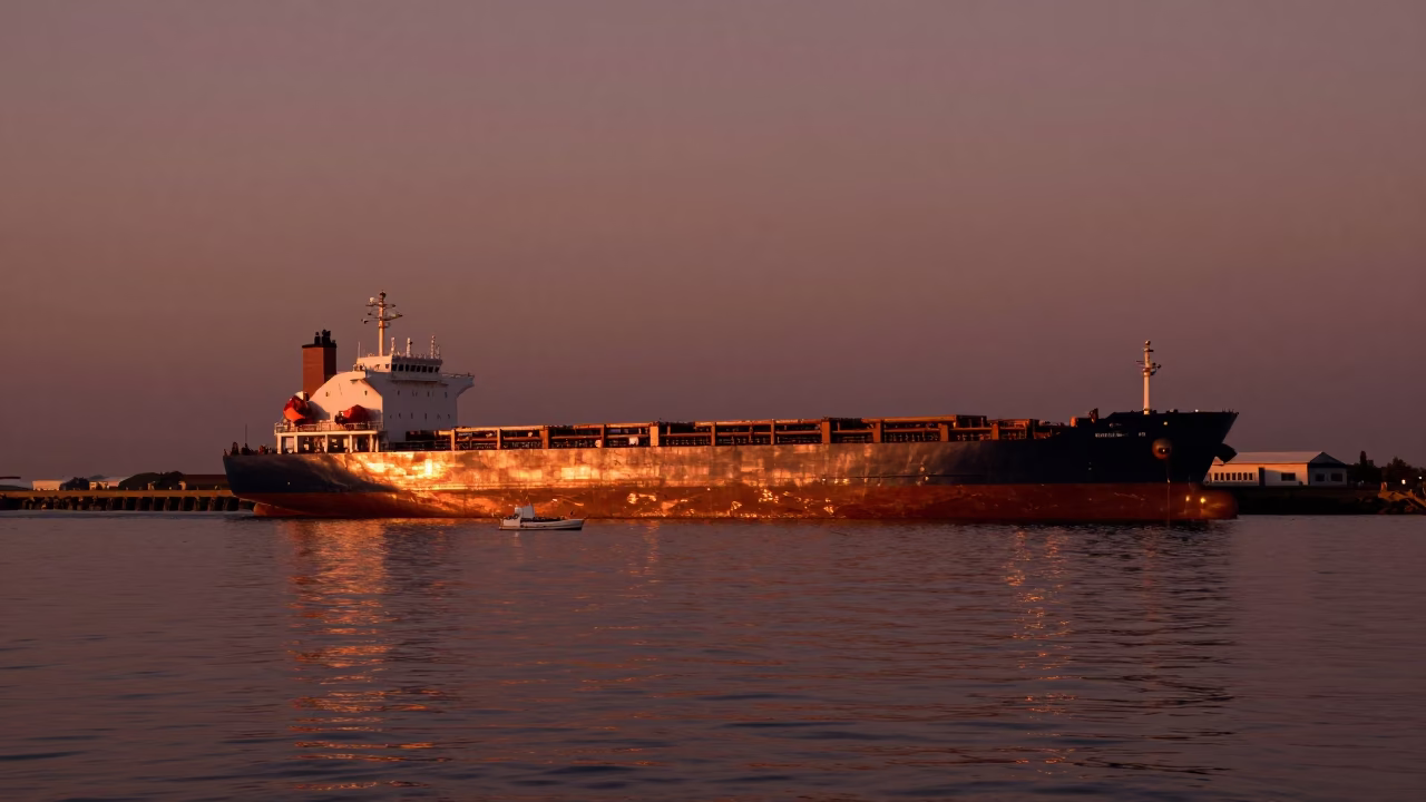Durban Harbor Cargo Ship Horizon Copper Light Before Dusk Realistic Photograph in in Durban, South Africa