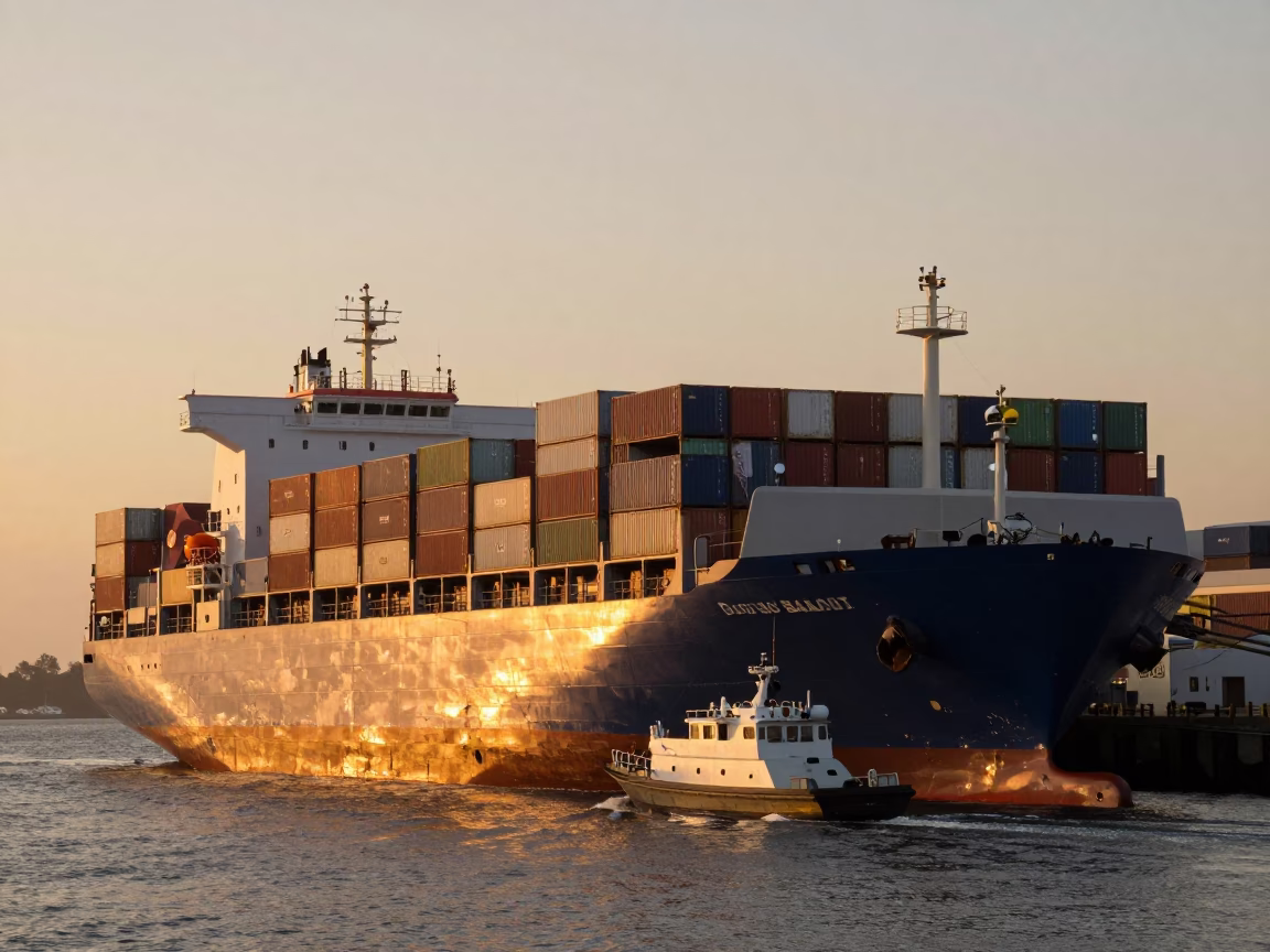 Durban Harbor Evening Light Container Ship Guided by Pilot Boat at Sunset in in Durban, South Africa
