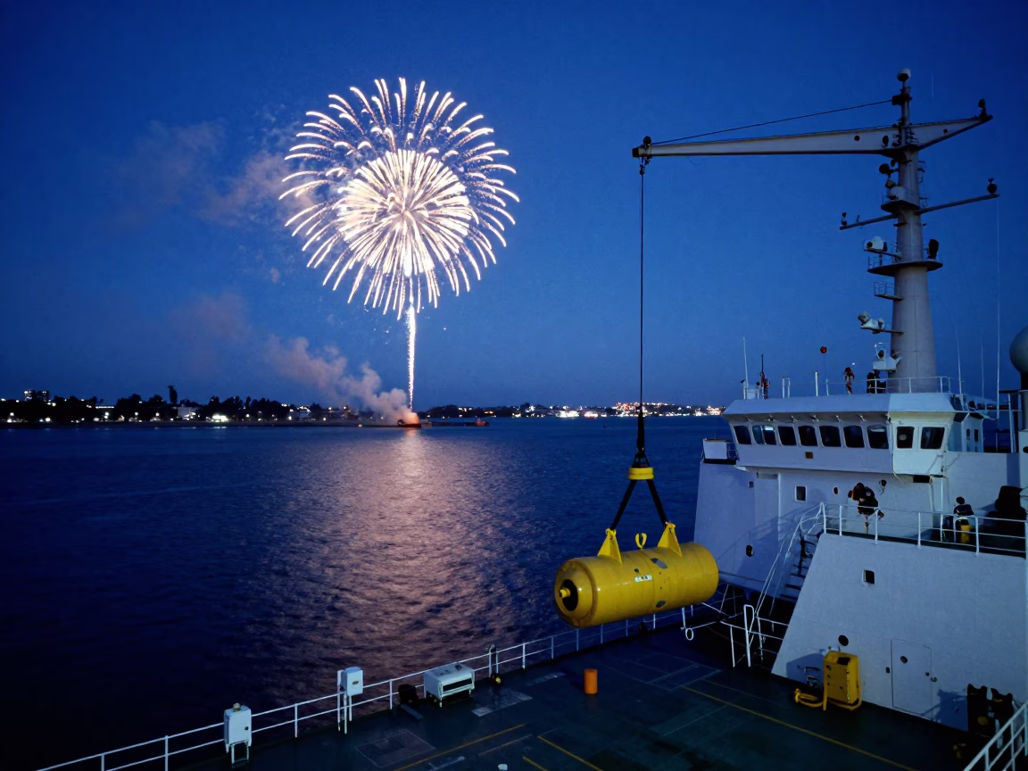 Durban harbor evening with fireworks over the Indian Ocean and coastal skyline in in Durban, South Africa